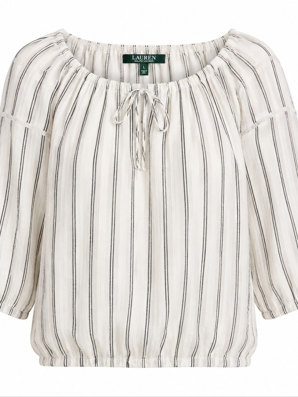 LAUREN RALPH LAUREN |‎ Ivory Black Stripe Gauzy Cotton Boho Peasant Blouse | L